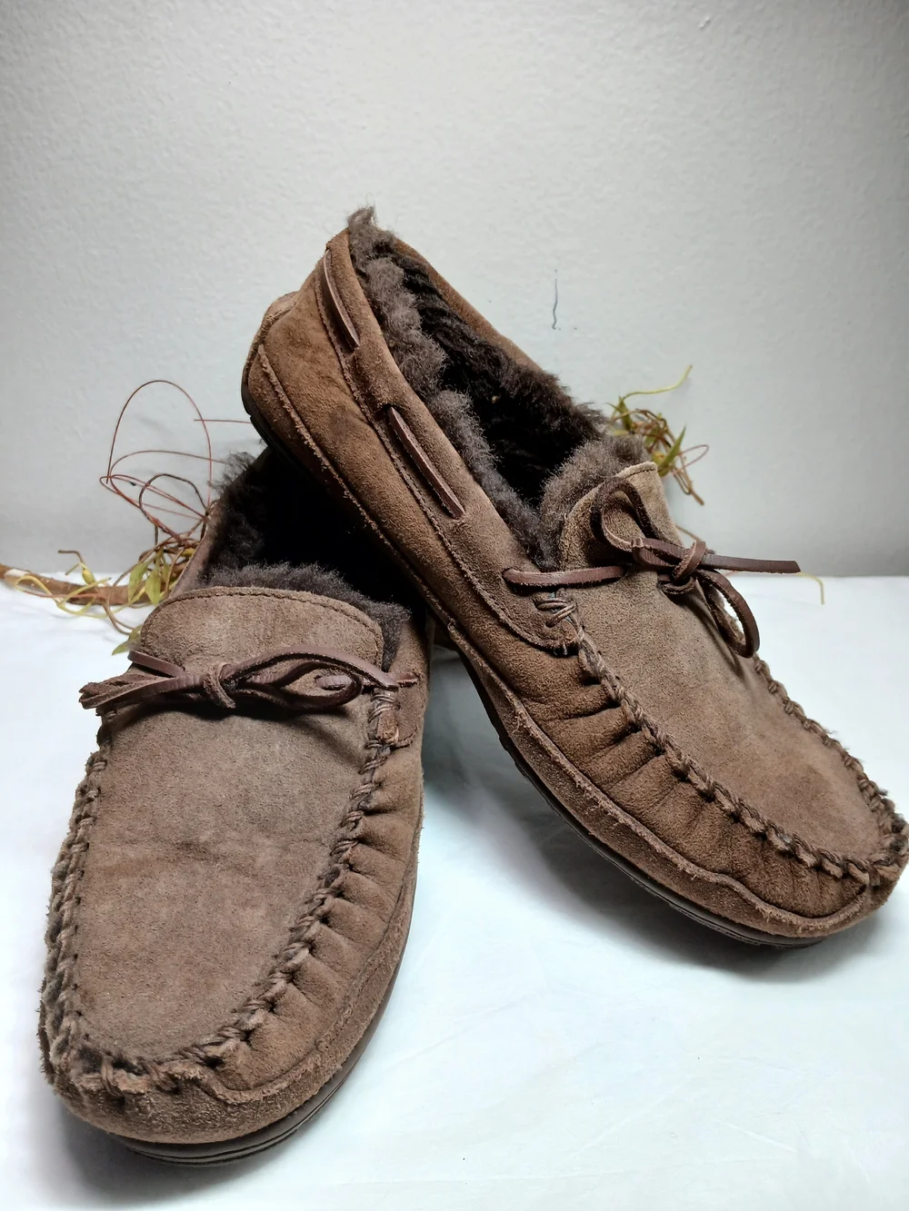 L.L. Bean Brown Suede Moccasin Slip-On Slippers with Faux Fur Lining